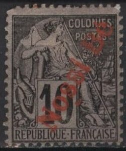 Nossi-Be 28 (mh, toning spots) 10c black on lil blue, ovpt in vermilion (1894)