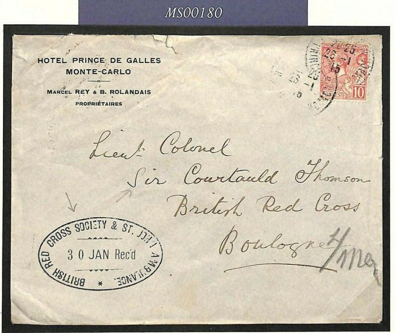 MONACO HOTEL Cover WW1 BRITISH RED CROSS & St.John Ambulance 1915 OVAL MS180