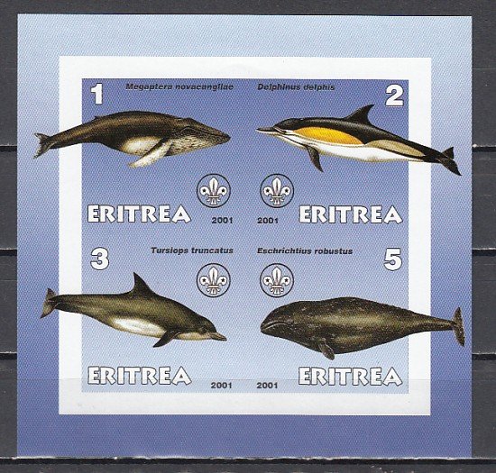 Eritrea, 2001 Cinderella issue. Whales & Dolphins on an IMPERF sheet of 4. ^