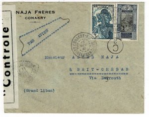 French Guinea 1941 Conakry cancel on airmail cover to LEBANON, censored