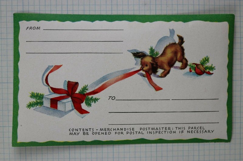 Christmas Parcel Post address label gift wrapping postal puppy dog vintage Mint