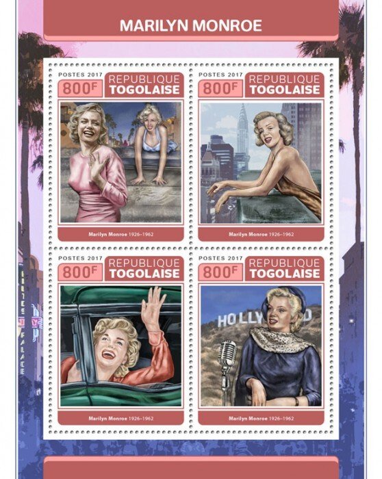 TOGO - 2017 - Marilyn Monroe - Perf 4v Sheet - Mint Never Hinged