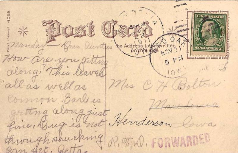 United States Iowa Macedonia 1911 duplex with violet sl Forwarded  PC.