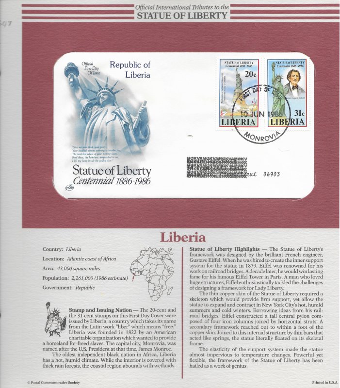 Statue of Liberty Liberia #1046-47. 1986  FDC with write up.