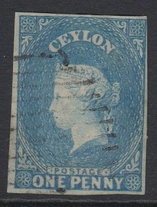 SG 2 Ceylon 1860. 1d milky blue. Showing plate wear. Very fine used, 4 close...