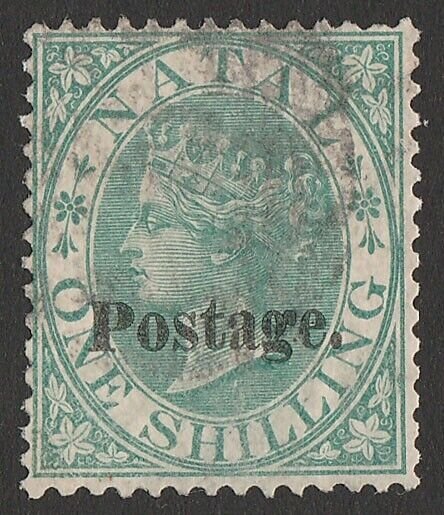 NATAL 1869 POSTAGE on QV 1/- SG type 7b. SG 37 cat £1900. Rare with Certificate.