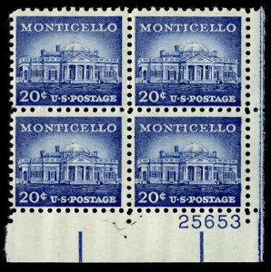 US #1047 PLATE BLOCK, VF/XF mint never hinged, 20c Monticello, post office fr...