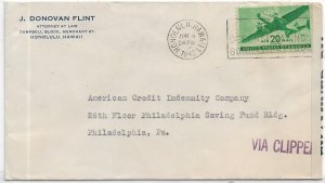 1942 Honolulu, Hawaii to Philadelphia, Pa Clipper Airmail, Censored, 20c (C5924)