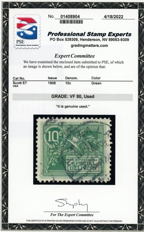 US Stamp #E7 Special Delivery 10c - PSE Cert - VF 80 - USED - SMQ $50.00