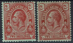 TURKS & CAICOS ISLANDS 1913 KGV CACTUS 2/- 2 SHADES WMK MULTI CROWN CA