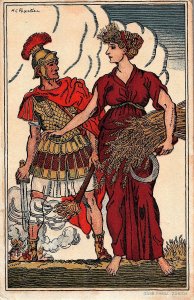 SWITZERLAND SUISSE ROMAN SOLDIER CARD FIRE AGRICULTURAL SEEDER SIGNED FOURTIER