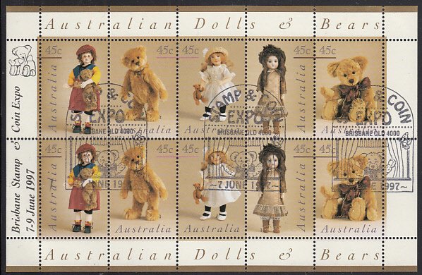 Australia 1997 used Sc #1601a 45c Dolls and Bears Sheetlet of 2 strips of 5 O...