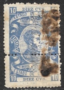 MEXICO 1893-94 10c DURANGO Municipal Revenue DU64B Used w Hole