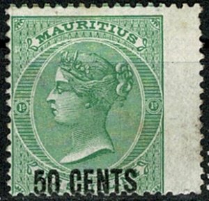 MAURITIUS QV 1878 5c optd 1/- GREEN UNUSED MARGIN SG99 Wmk.CROWN CC VGC