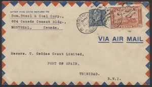 1936 Air Mail Cover, Montreal to Trinidad, 25c Rate, Faults