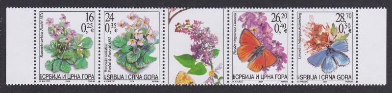 Serbia and Montenegro Butterflies Moths Flowers strip of 4v and label SG#64-67