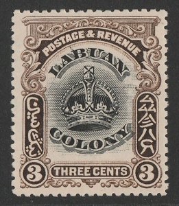 LABUAN 1902 Crown 3c black & sepia, variety 'line through B'.