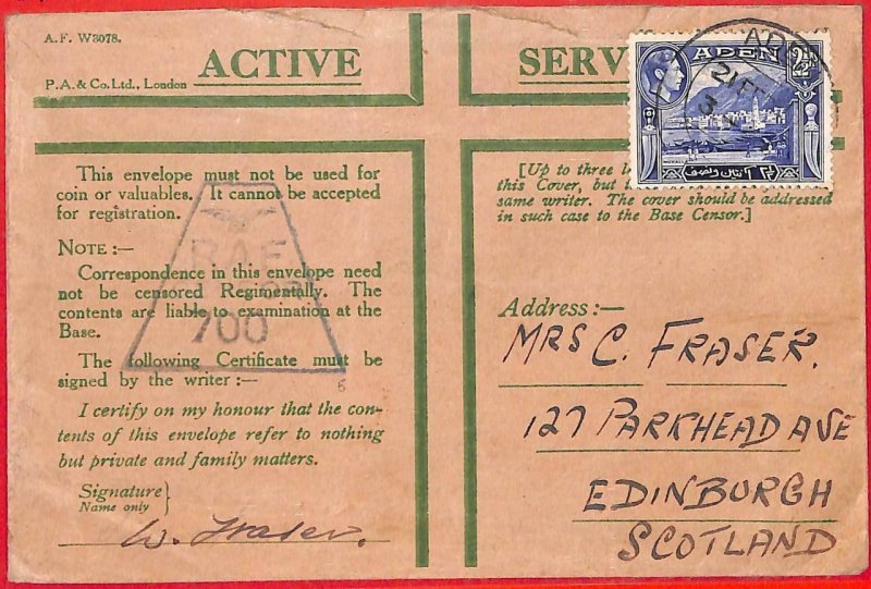 aa3703 - POSTAL HISTORY - ACTIVE SERVICE letter from RAF SOLDIER  in ADEN 1940's