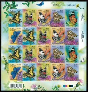 Israel 2022 - Butterflies, Flora & Fauna - Sheet of 20 Stamps - MNH