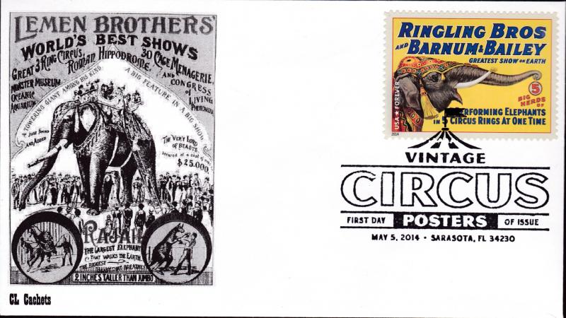 United States 2014 Vintage Circus Posters (8) on First Day Covers B&W CL Cachet