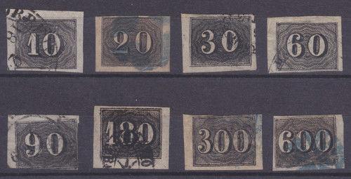 Brazil Sc 21-28 used 1850 Black Imperf Numerals, complete set, 300r thinned F-VF