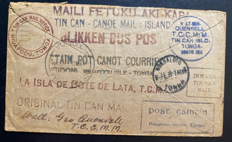 1938 Auckland New Zealand Tin Can Canoe Mail cover To Niuafoou Isle Tonga Toga