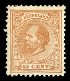 Netherlands #27 Cat$350, 1872 15c brown orange, hinged, thin