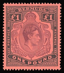 Bermuda 1943 KGVI £1 deep reddish purple & black/pale red (P14) MNH. SG 121c.