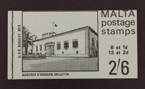 Malta 1965 #313a(6),315b(12) Booklet, Auberge D'Aragon, MNH.