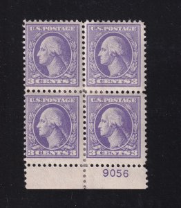 1918 Washington Sc 530 3c purple MHR OG block of 4 with plate number (D4