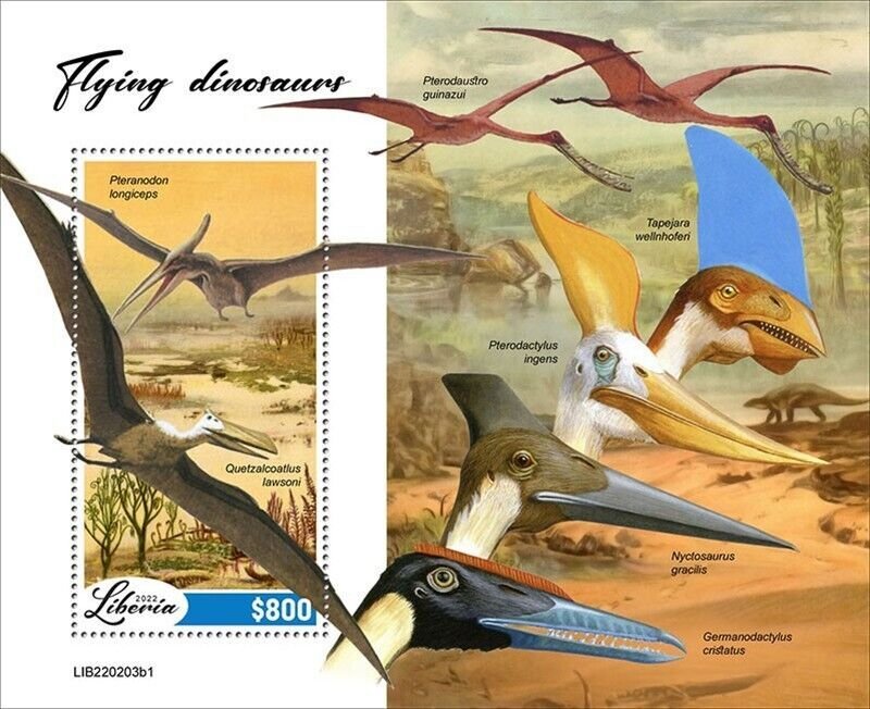 Liberia - 2022 Flying Dinosaurs on Stamps - Stamp Souvenir Sheet - LIB220203b1