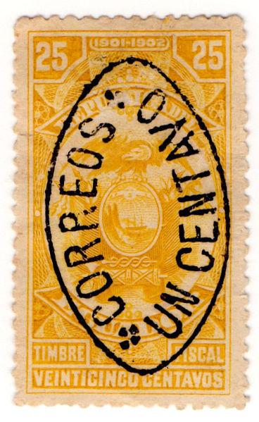 (I.B) Ecuador Revenue : 25c Yellow with 1c Postal OP