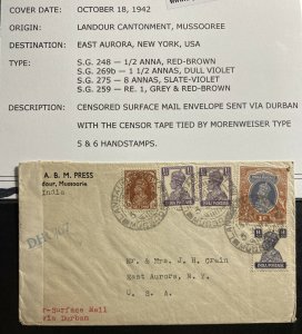 1942 Mussooree India Censored Cover to East Aurora NY USA Via South Africa