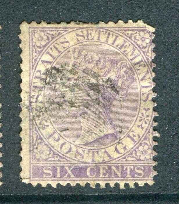 STRAITS SETTLEMENTS; 1867 classic QV Crown CC issue used shade of 6c.