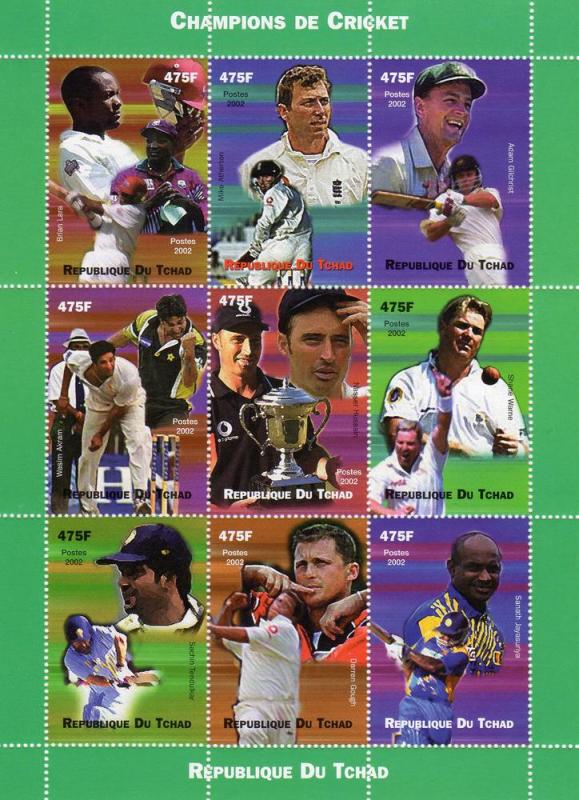 Chad 2002 Champions of Cricket Sheetlet (9) Perforated MNH