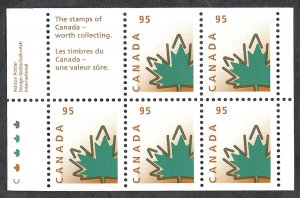 Canada #1686a 95¢ Stylized Maple Leaf (1998). Pane of 5 stamps. MNH