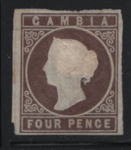Gambia 1869 unused Sc 1 4p Victoria, imperf - hinge remnant, thin
