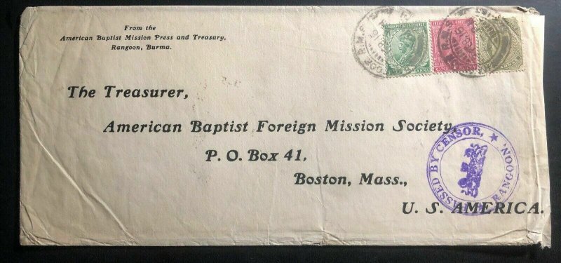 1916 Rangoon Burma India Missionary Cover To Baptist  Mission Boston MA USA