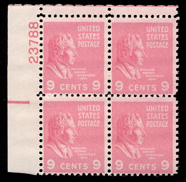 US #814 PLATE BLOCK, SUPERB mint never hinged, 9c Harrison, super fresh pink ...