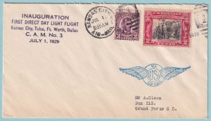 UNITED STATES FIRST FLIGHT COVER - 1929 KANSAS CITY MO TO DALLAS TX - CV304