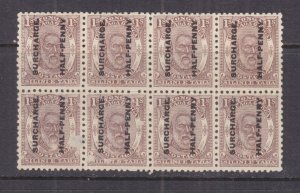 TONGA, 1894 1/2d. on 1s. Brown, block of 8, mint no gum.