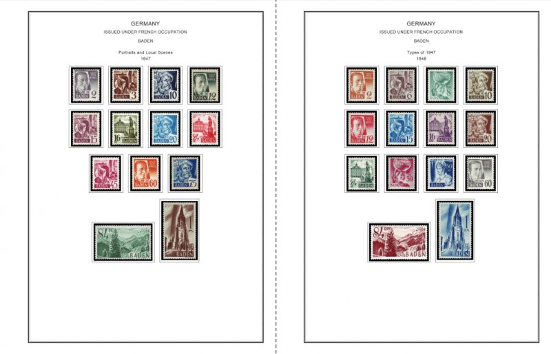 COLOR PRINTED OCCUPIED GERMANY 1945-1949 STAMP ALBUM PAGES (50 illustr. pages)