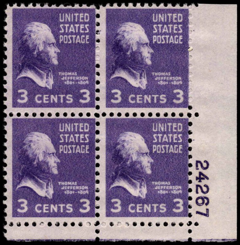 US #807 JEFFERSON MNH LR PLATE BLOCK #24267
