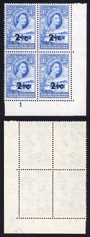 Bechuanaland SG160 2 1/2c on 3d U/M Plate Block  Cat 80+++++ pounds