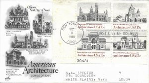 1980 FDC, #1838, 15c American Architecture, Art Craft, plate block of 4