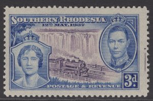 SOUTHERN RHODESIA SG38var 1937 3d CORONATION WITH MARKINGS IN MARGIN MNH