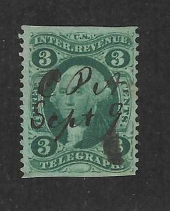 3c 1st ISSUE WASH TELEGRAPH REVENUE (R19b) PART PERF STRONG COLOR  PRETTY  $30