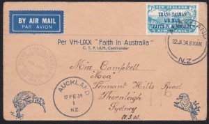 NEW ZEALAND 1934 Trans Tasman 7d first flight cover to Australia Capt Ulm..B2956