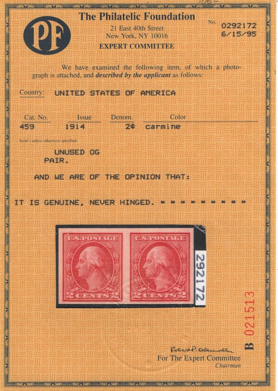 459 Pair VF OG with PF cert mint never hinged nice color ! see pic ...
