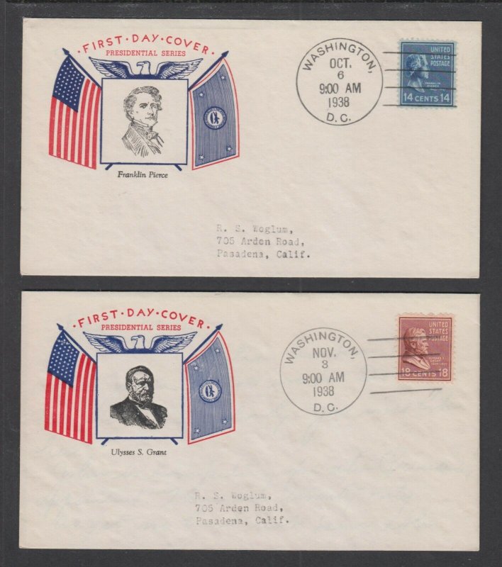 US Planty 819-5, 823-5 FDCs. 1938 14c & 18c Presidentials, Fidelity cachets, VF